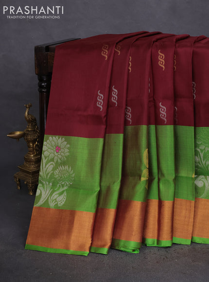 Pure uppada silk saree deep maroon and light green with silver & gold zari woven buttas and long floral zari woven butta border