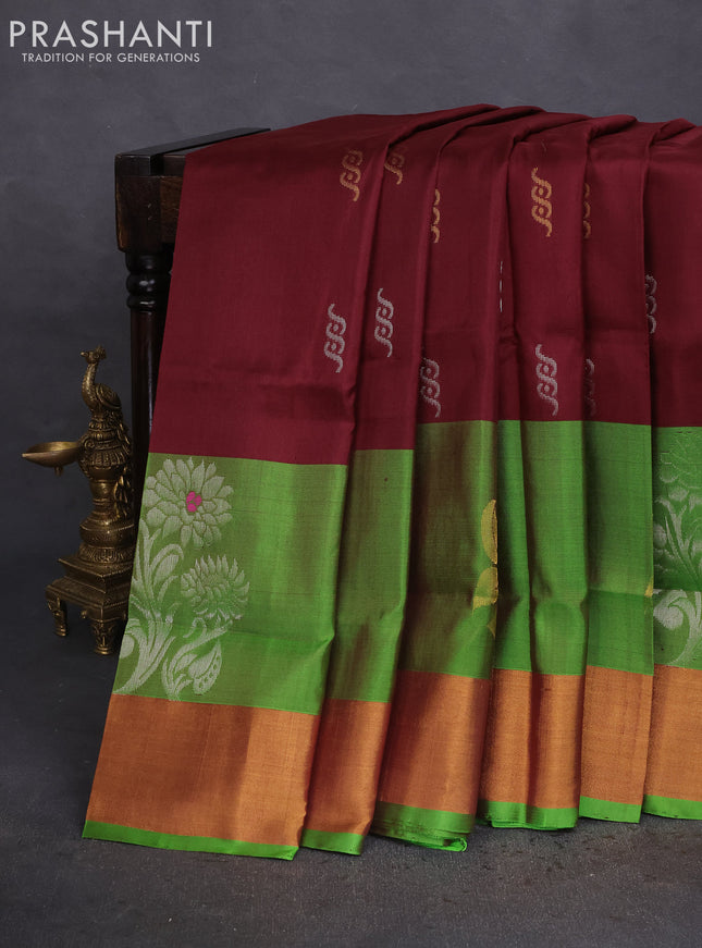 Pure uppada silk saree deep maroon and light green with silver & gold zari woven buttas and long floral zari woven butta border