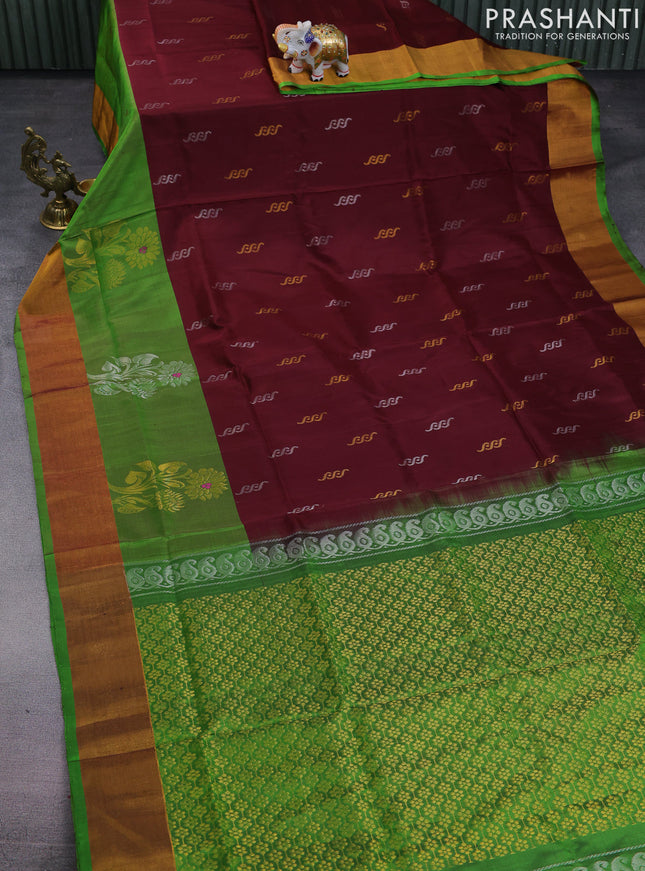 Pure uppada silk saree deep maroon and light green with silver & gold zari woven buttas and long floral zari woven butta border