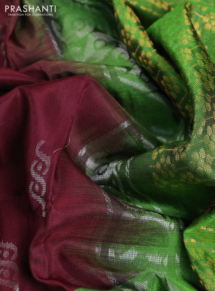 Pure uppada silk saree deep maroon and light green with silver & gold zari woven buttas and long floral zari woven butta border