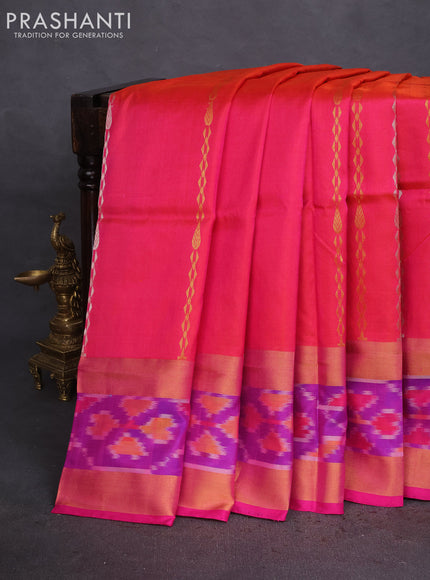 Pure uppada silk saree pinkish orange and pink with allover silver & gold zari weaves and zari woven ikat style border