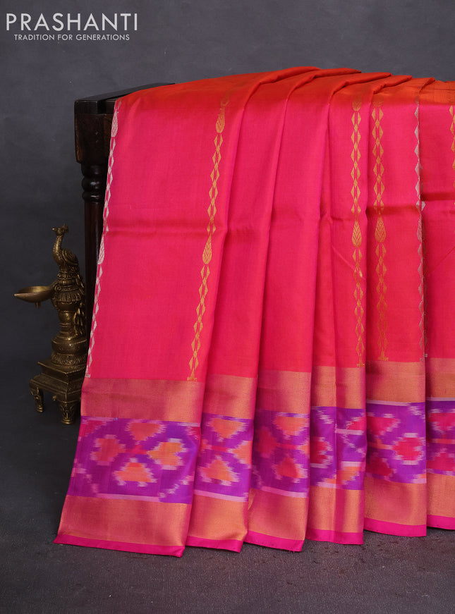 Pure uppada silk saree pinkish orange and pink with allover silver & gold zari weaves and zari woven ikat style border