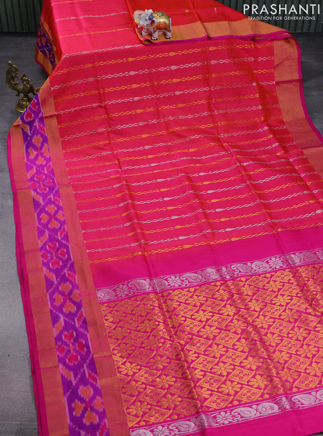 Pure uppada silk saree pinkish orange and pink with allover silver & gold zari weaves and zari woven ikat style border