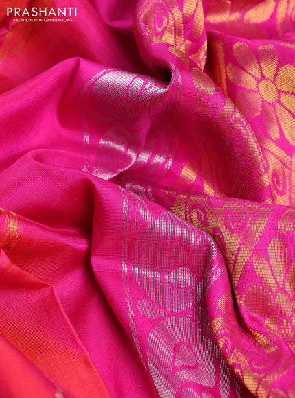 Pure uppada silk saree pinkish orange and pink with allover silver & gold zari weaves and zari woven ikat style border