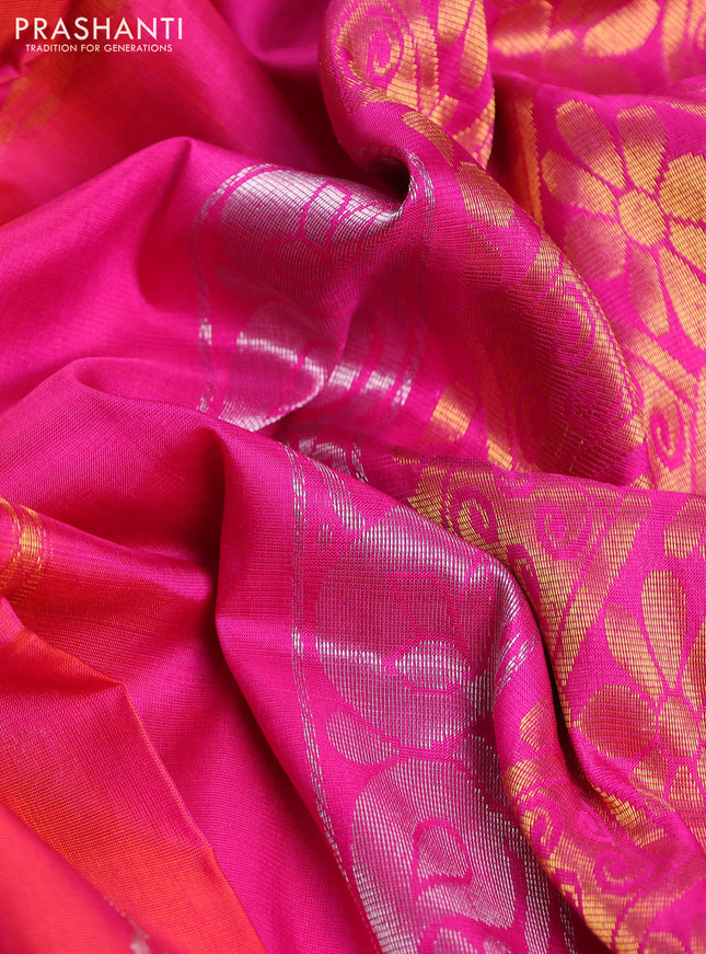 Pure uppada silk saree pinkish orange and pink with allover silver & gold zari weaves and zari woven ikat style border