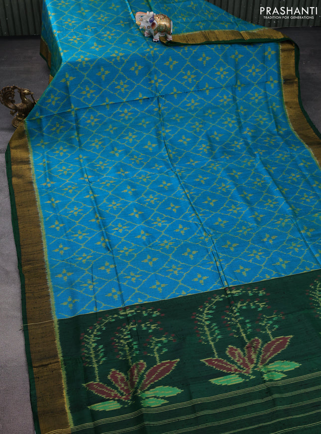 Rajkot patola silk saree cs blue and green with allover ikat weaves & jute finish and zari woven border