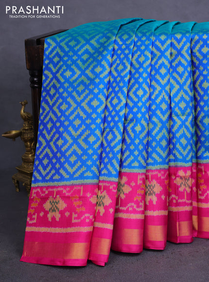Rajkot patola silk saree cs blue and pink with allover ikat weaves and zari woven border