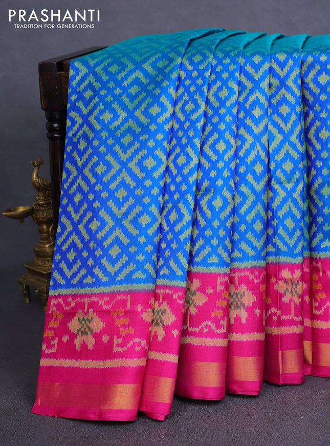 Rajkot patola silk saree cs blue and pink with allover ikat weaves and zari woven border
