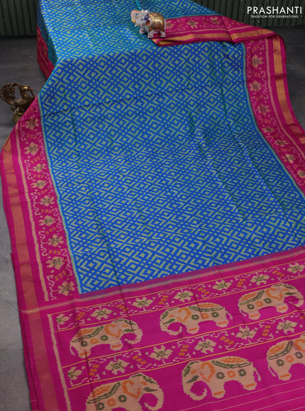 Rajkot patola silk saree cs blue and pink with allover ikat weaves and zari woven border