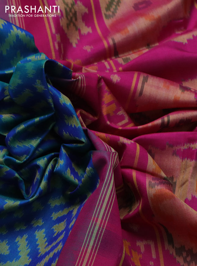 Rajkot patola silk saree cs blue and pink with allover ikat weaves and zari woven border