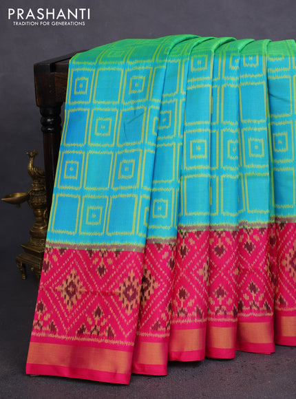Rajkot patola silk saree teal blue and pink with allover ikat weaves and zari woven border