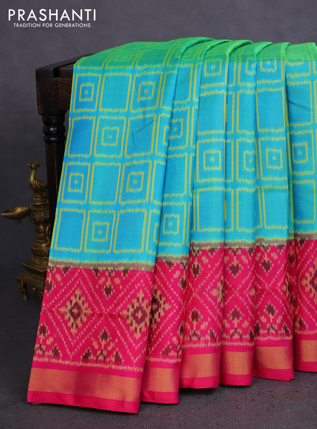 Rajkot patola silk saree teal blue and pink with allover ikat weaves and zari woven border