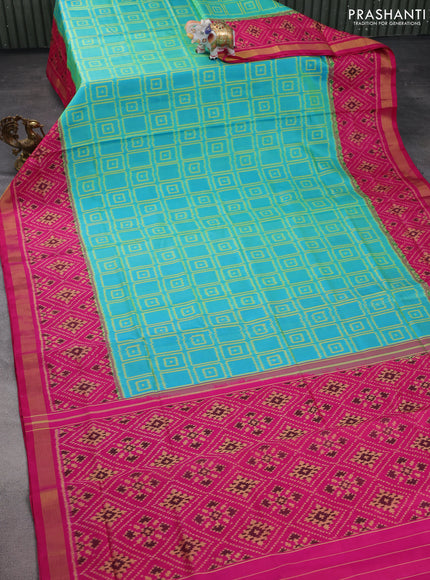 Rajkot patola silk saree teal blue and pink with allover ikat weaves and zari woven border