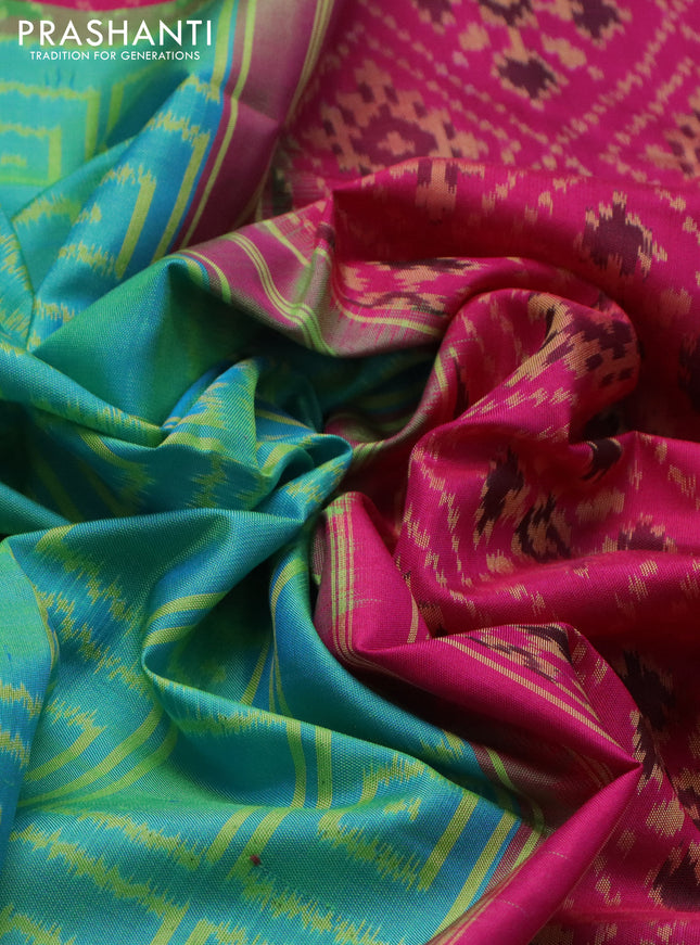 Rajkot patola silk saree teal blue and pink with allover ikat weaves and zari woven border