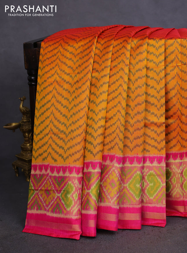 Rajkot patola silk saree mustard yellow and pink with allover ikat weaves and zari woven border