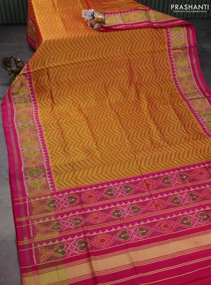 Rajkot patola silk saree mustard yellow and pink with allover ikat weaves and zari woven border