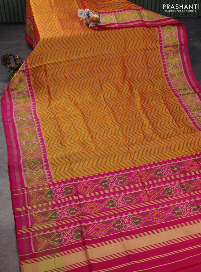 Rajkot patola silk saree mustard yellow and pink with allover ikat weaves and zari woven border