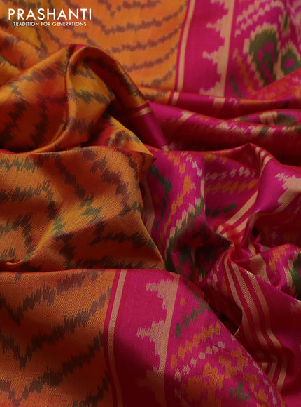 Rajkot patola silk saree mustard yellow and pink with allover ikat weaves and zari woven border