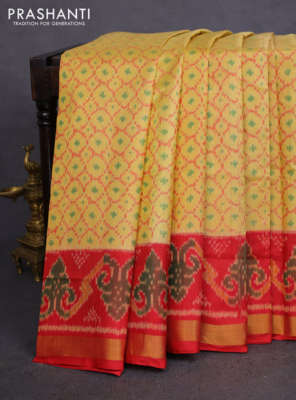 Rajkot patola silk saree pale yellow and red with allover ikat weaves and zari woven border