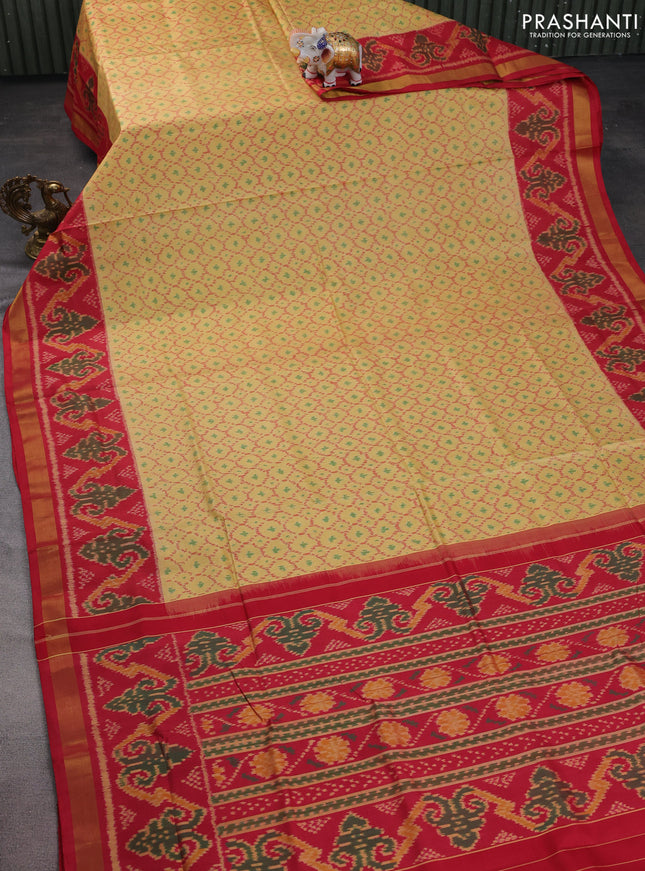 Rajkot patola silk saree pale yellow and red with allover ikat weaves and zari woven border