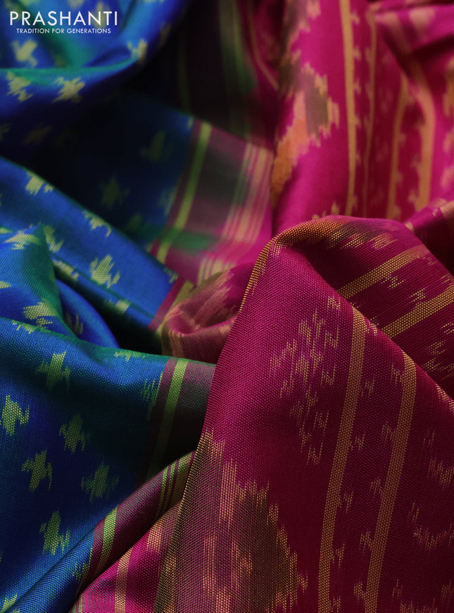 Rajkot patola silk saree dual shade of teal blue and magenta pink with allover ikat weaves and zari woven border