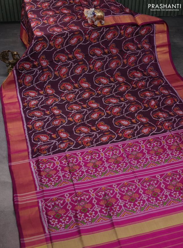 Rajkot patola silk saree wine shade and magenta pink with allover ikat weaves and zari woven border