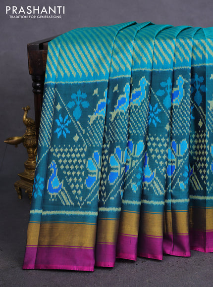 Rajkot patola silk saree teal blue and peacock green with allover ikat weaves and zari woven border