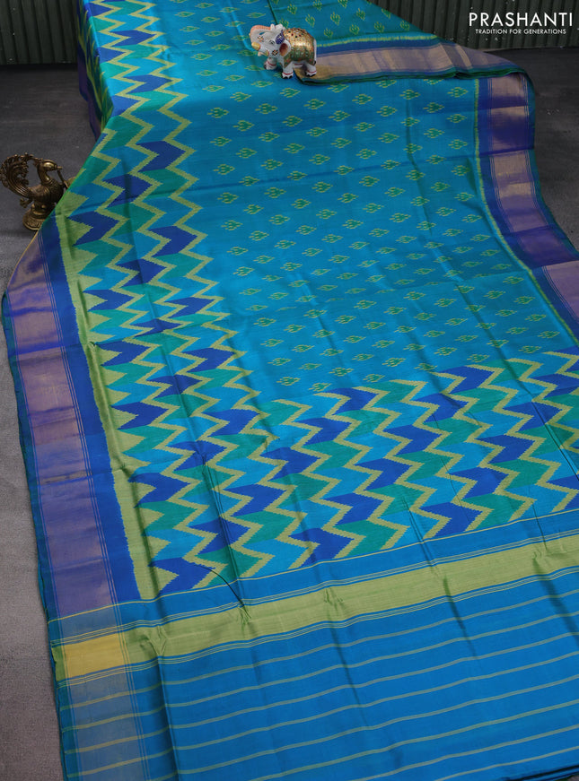 Rajkot patola silk saree dual shade teal bluish green with allover ikat weaves and zari woven border