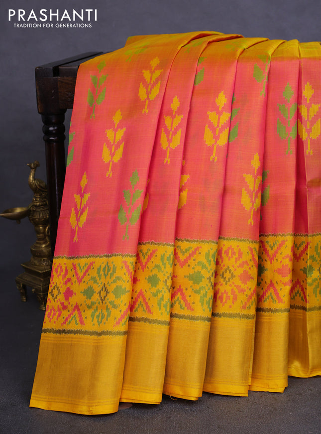 Rajkot patola silk saree yellow and pink with allover ikat weaves and zari woven border
