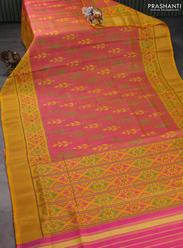Rajkot patola silk saree yellow and pink with allover ikat weaves and zari woven border