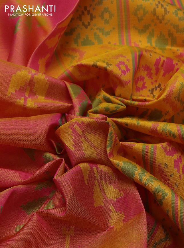 Rajkot patola silk saree yellow and pink with allover ikat weaves and zari woven border