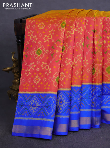 Rajkot patola silk saree dual shade of pinkish yellow and blue with allover ikat weaves and zari woven border