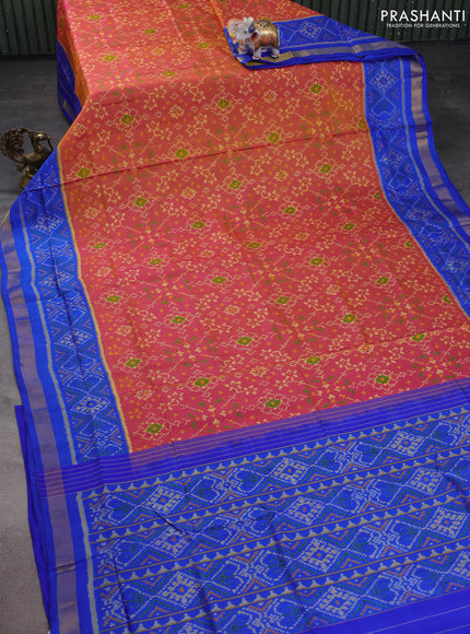 Rajkot patola silk saree dual shade of pinkish yellow and blue with allover ikat weaves and zari woven border