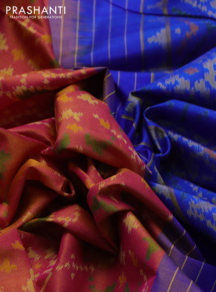 Rajkot patola silk saree dual shade of pinkish yellow and blue with allover ikat weaves and zari woven border