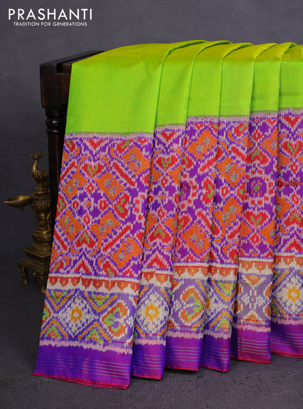 Rajkot patola silk saree fluorescent green and dual shade of bluish maroon with plain body and zari woven border