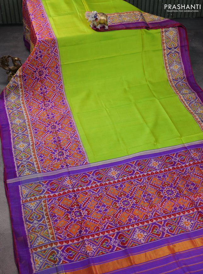 Rajkot patola silk saree fluorescent green and dual shade of bluish maroon with plain body and zari woven border