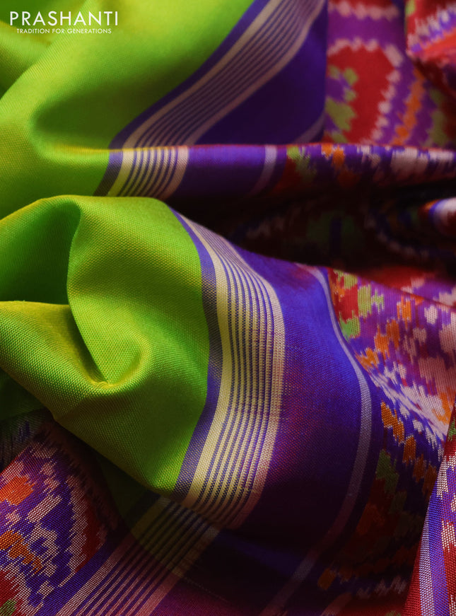 Rajkot patola silk saree fluorescent green and dual shade of bluish maroon with plain body and zari woven border