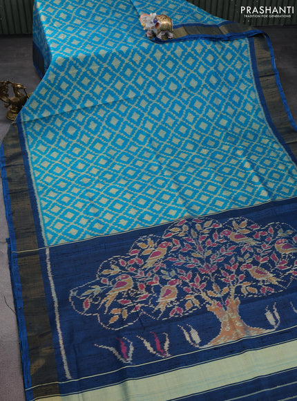 Rajkot patola silk saree teal blue and cs blue with allover ikat weaves & jute finish and zari woven border