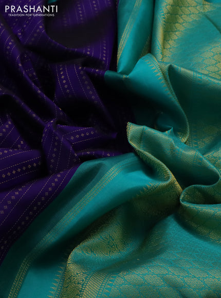 Pure kanchipuram silk saree blue and teal green with allover zari weveas and zari woven korvai border