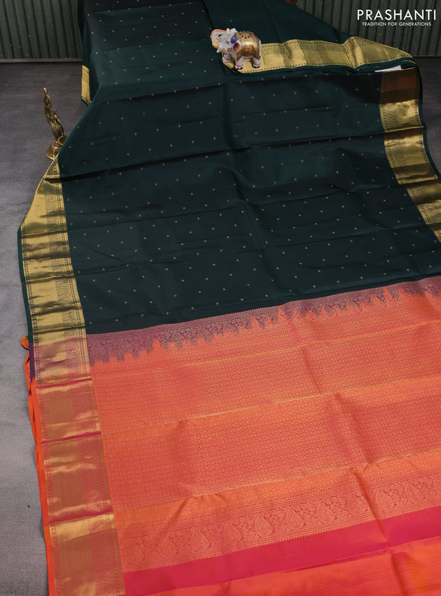 Pure kanchipuram silk saree bottle green and dual shade of orange with allover zari woven 1000 buttas and rich zari woven border