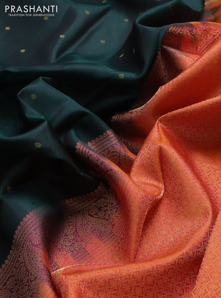 Pure kanchipuram silk saree bottle green and dual shade of orange with allover zari woven 1000 buttas and rich zari woven border