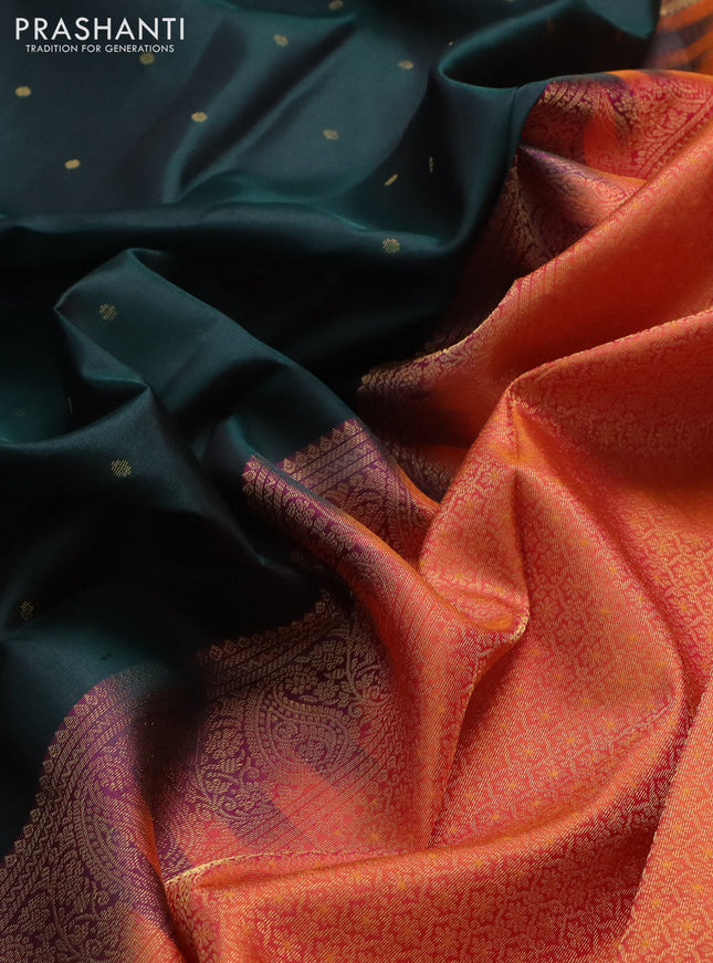 Pure kanchipuram silk saree bottle green and dual shade of orange with allover zari woven 1000 buttas and rich zari woven border