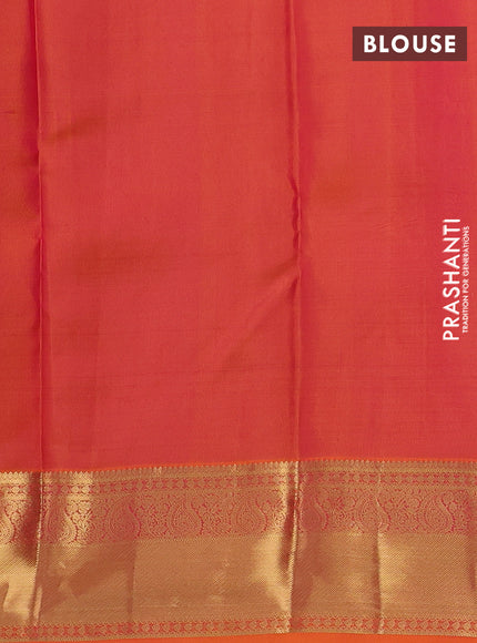 Pure kanchipuram silk saree bottle green and dual shade of orange with allover zari woven 1000 buttas and rich zari woven border