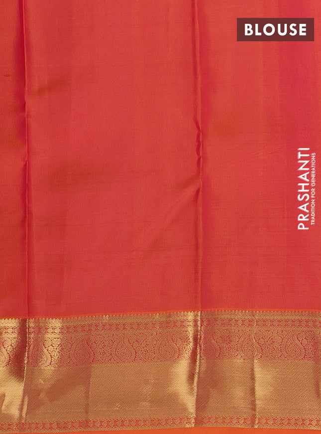 Pure kanchipuram silk saree bottle green and dual shade of orange with allover zari woven 1000 buttas and rich zari woven border