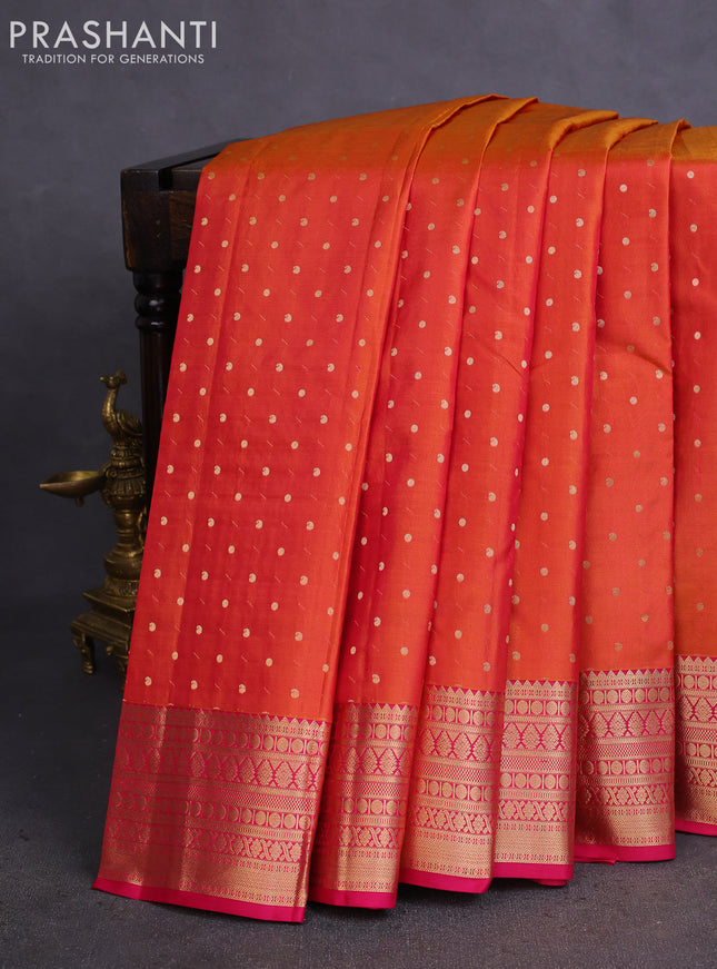 Pure kanchipuram silk saree dual shade of mustard yellowish pink and pink with allover zari woven 1000 buttas and zari woven border