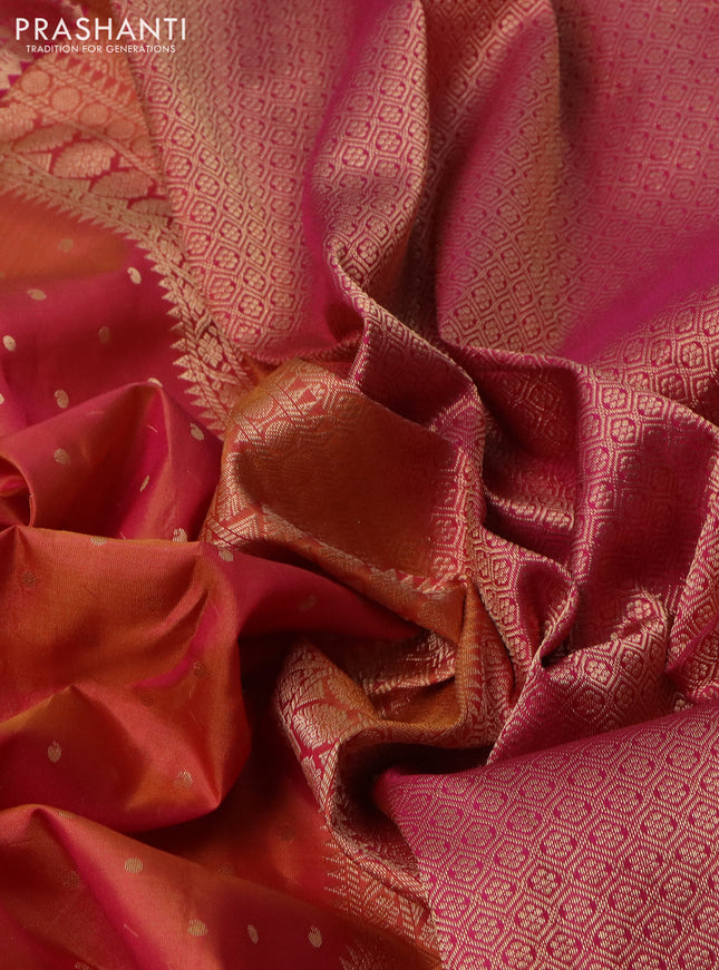 Pure kanchipuram silk saree dual shade of mustard yellowish pink and pink with allover zari woven 1000 buttas and zari woven border