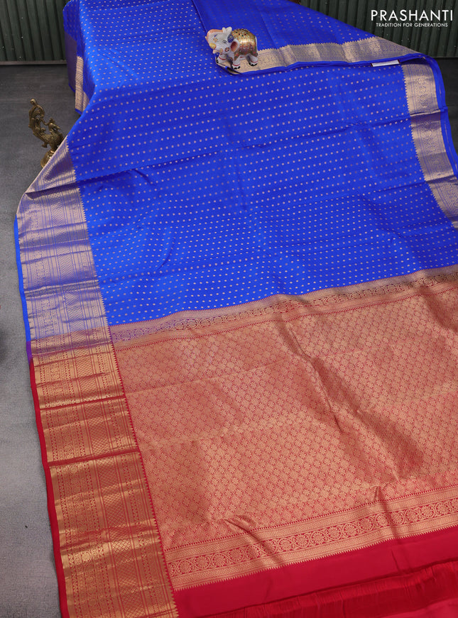 Pure kanchipuram silk saree blue and red with allover zari woven 1000 buttas and zari woven border