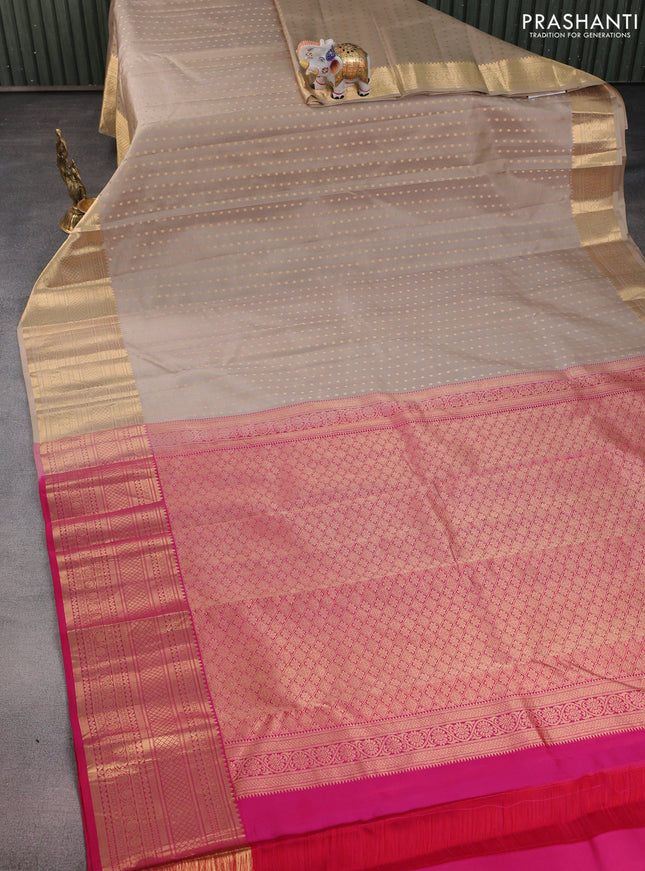 Pure kanchipuram silk saree beige and pink with allover zari woven 1000 buttas and zari woven border