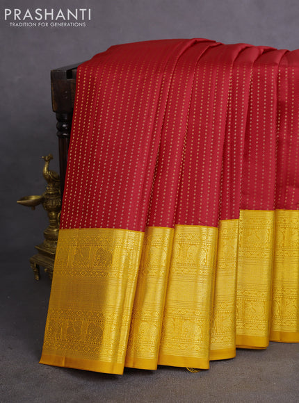 Pure kanchipuram silk saree red and mustard yellow with allover zari woven 1000 butta weaves and long zari woven korvai border