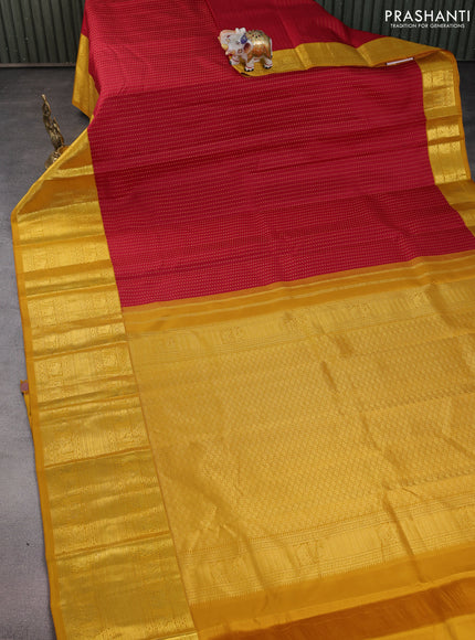 Pure kanchipuram silk saree red and mustard yellow with allover zari woven 1000 butta weaves and long zari woven korvai border